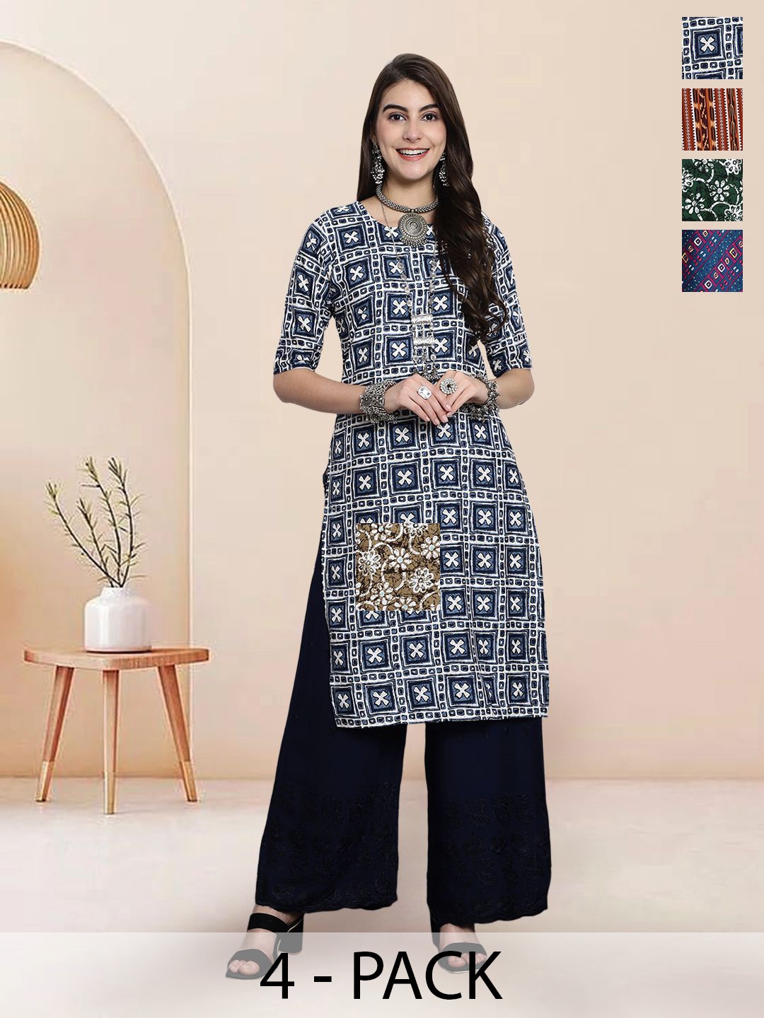 

7Threads Selection Of 4 Geometric Printed Round Neck Straight Kurtas, Blue