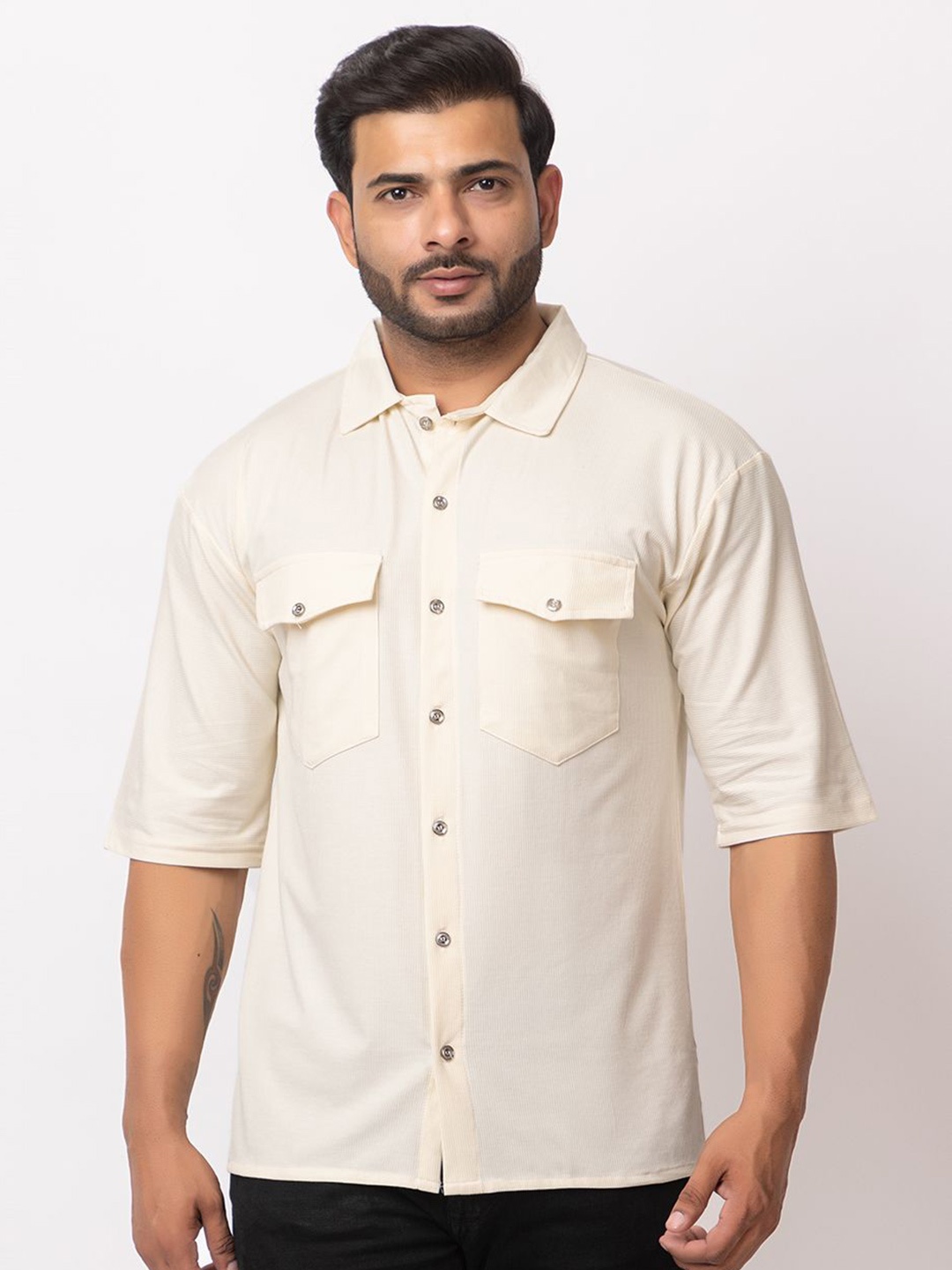 

BUFFARO Men Comfort Spread Collar Solid Casual Shirt, Off white