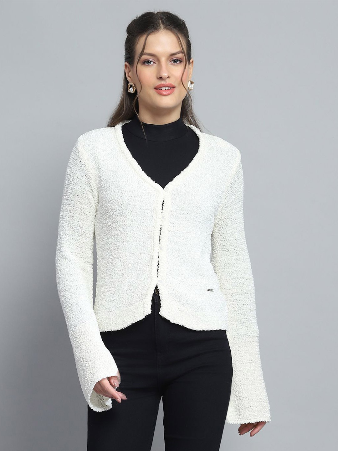 

Monte Carlo Women Woollen Crop Cardigan, Off white