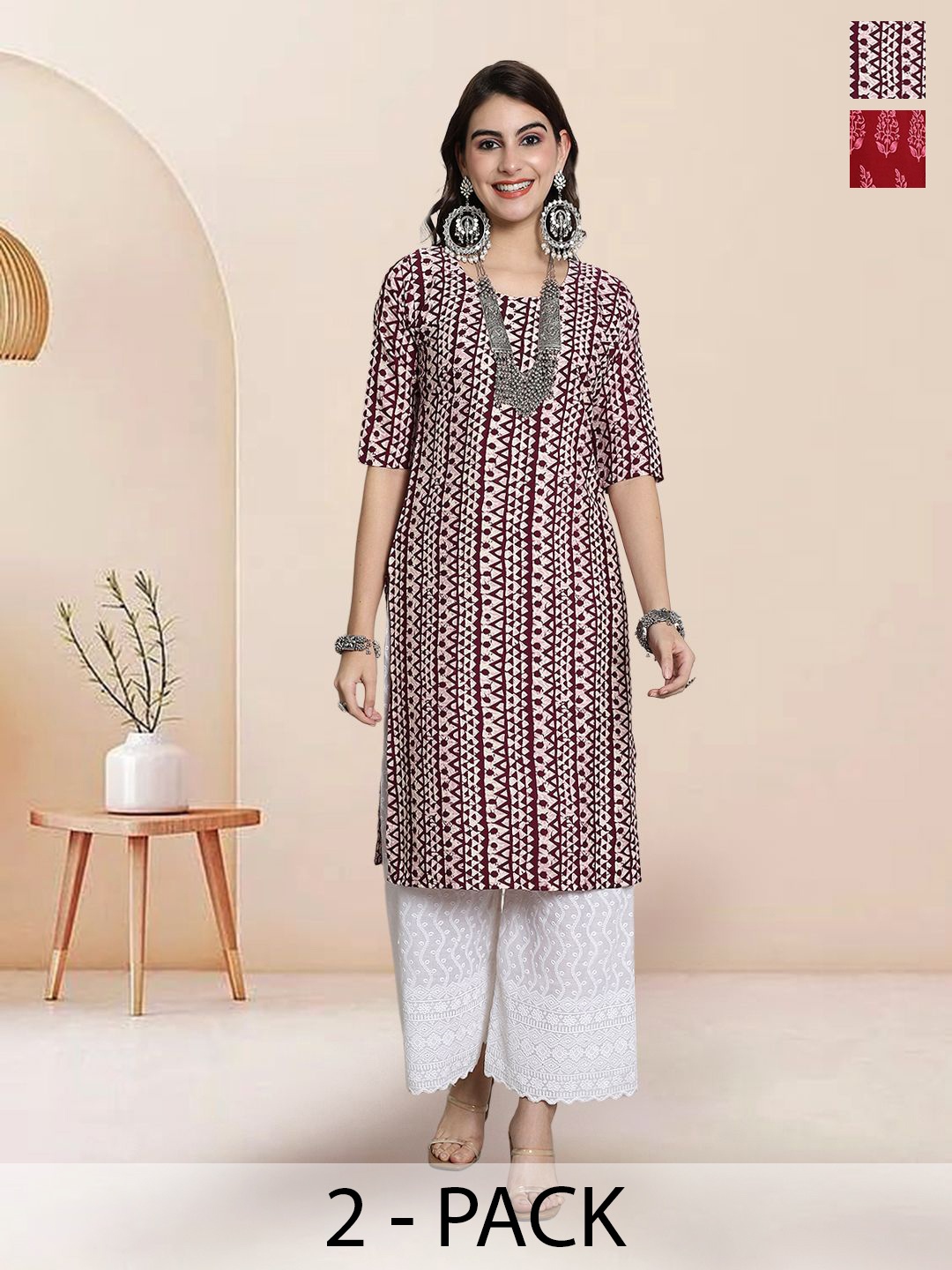 

7Threads Selection Of 2 Geometric Printed Round Neck Straight Kurtas, White