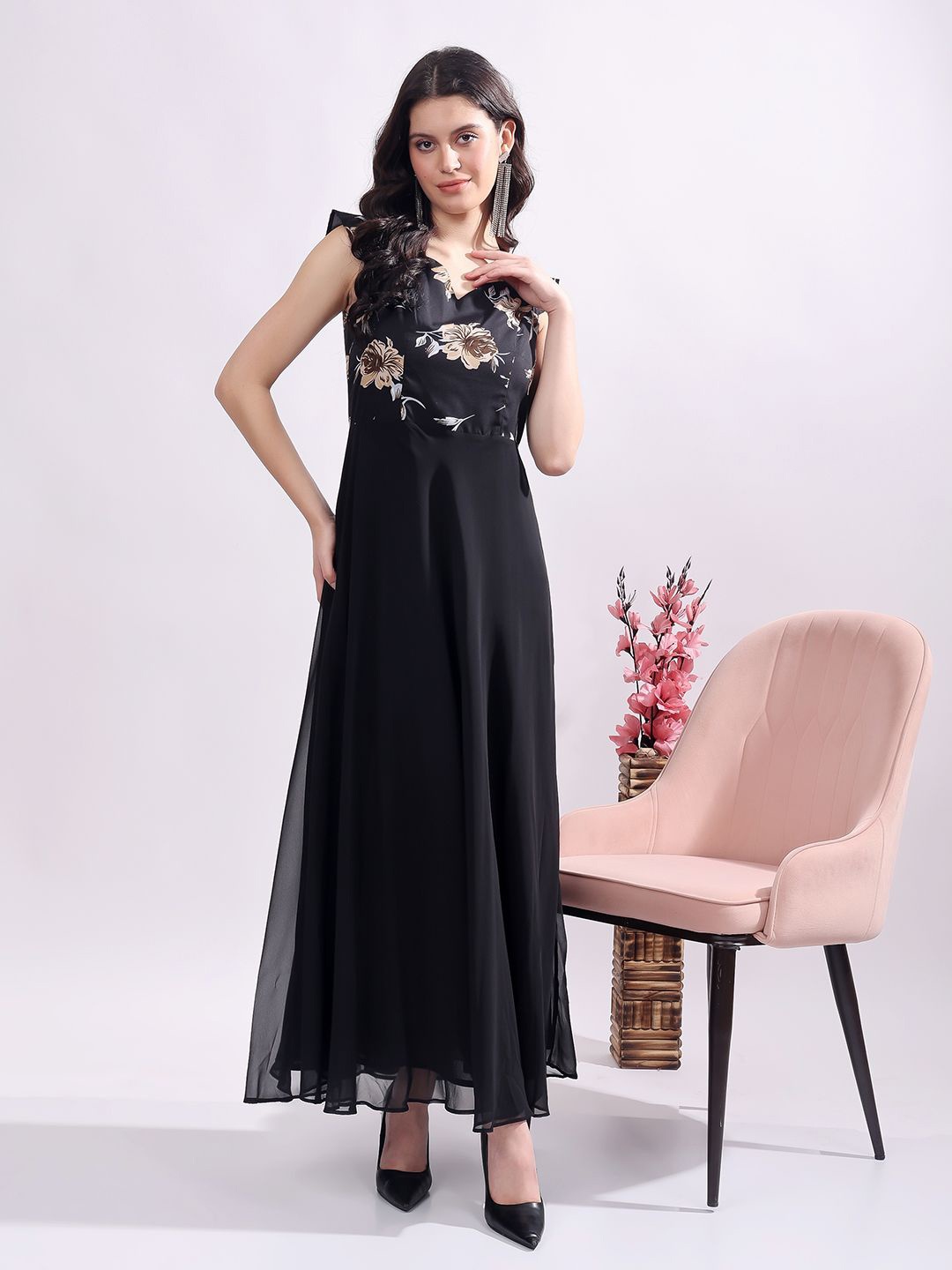 

T TRYON ULTIMATE Floral Print Georgette Maxi Dress, Black
