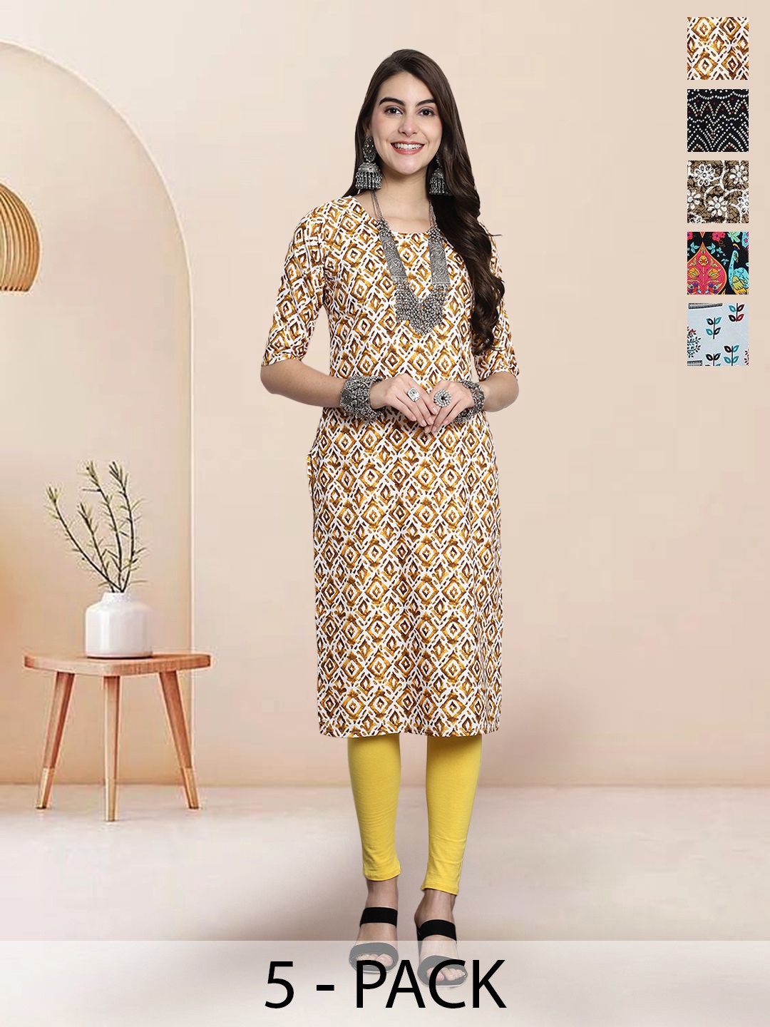 

7Threads Selection of 6 Geometric Printed Round Neck Straight Kurtas, Yellow