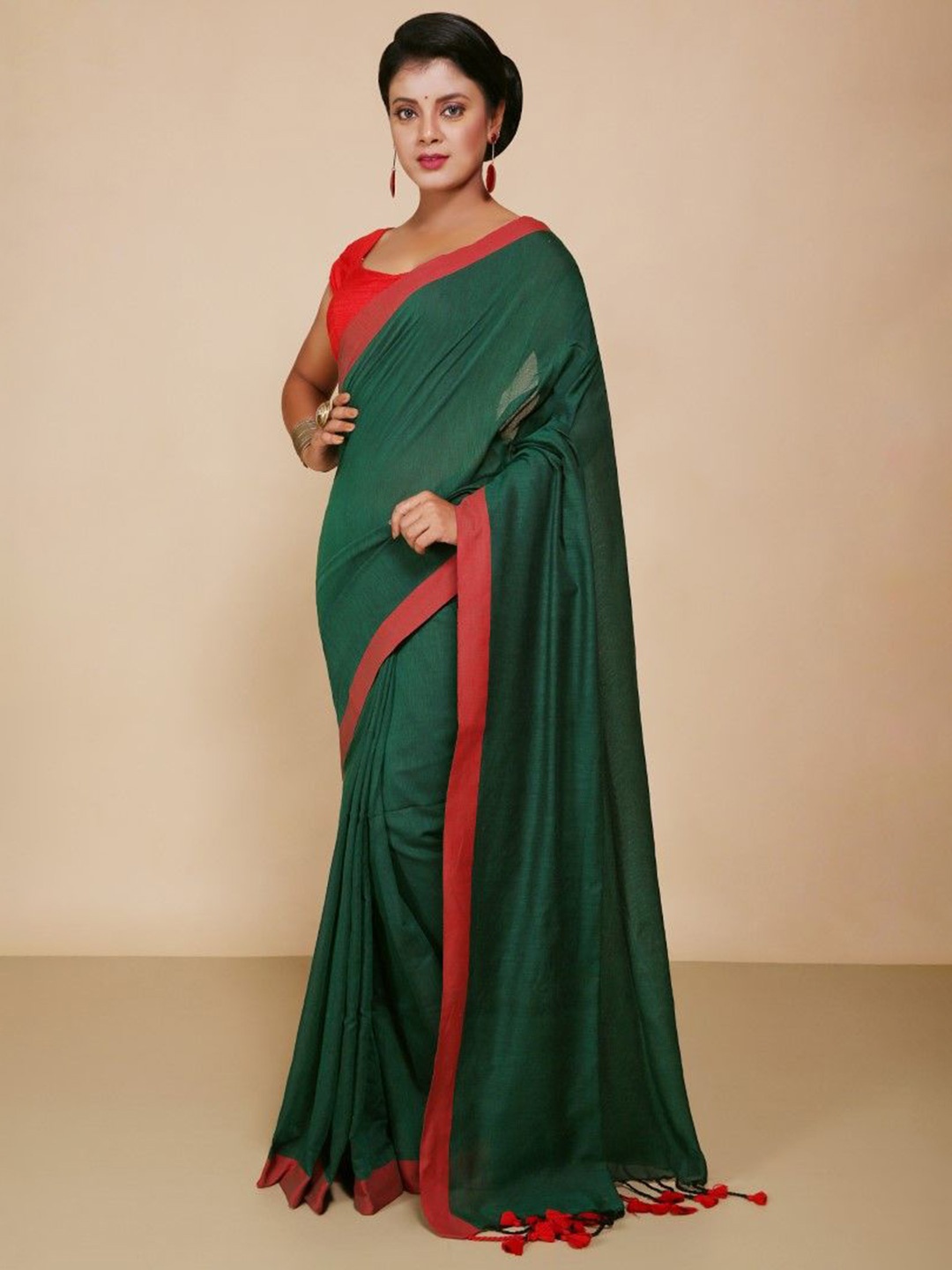 

BENGAL HANDLOOM Pure Cotton Taant Saree, Green