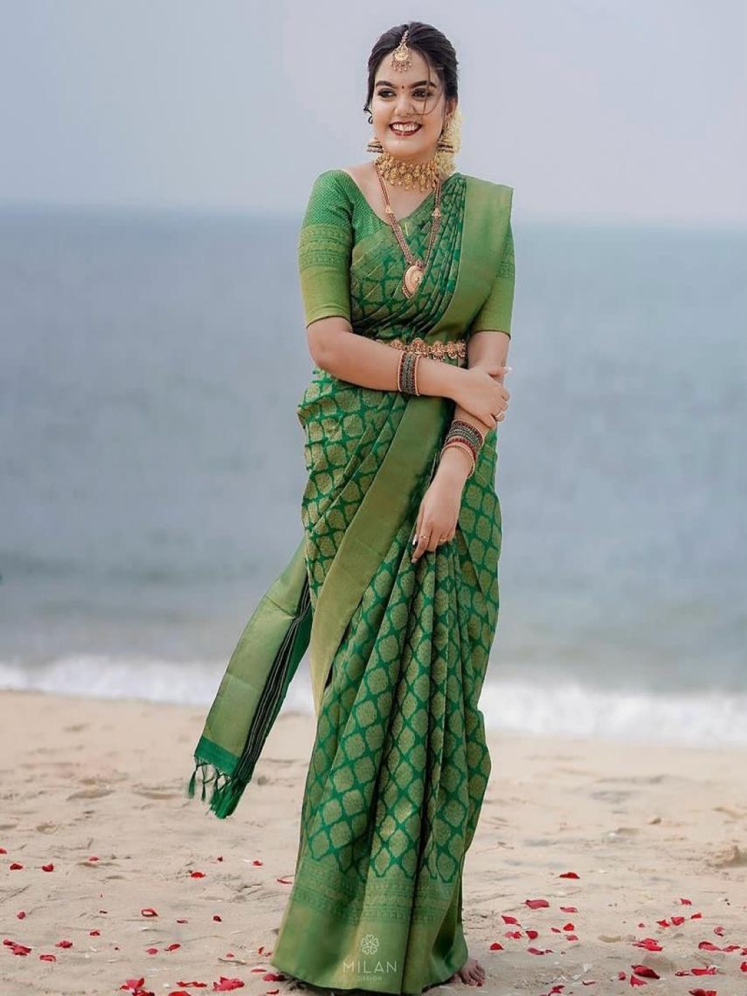 

revika Woven Design Zari Pure Silk Kanjeevaram Saree, Green