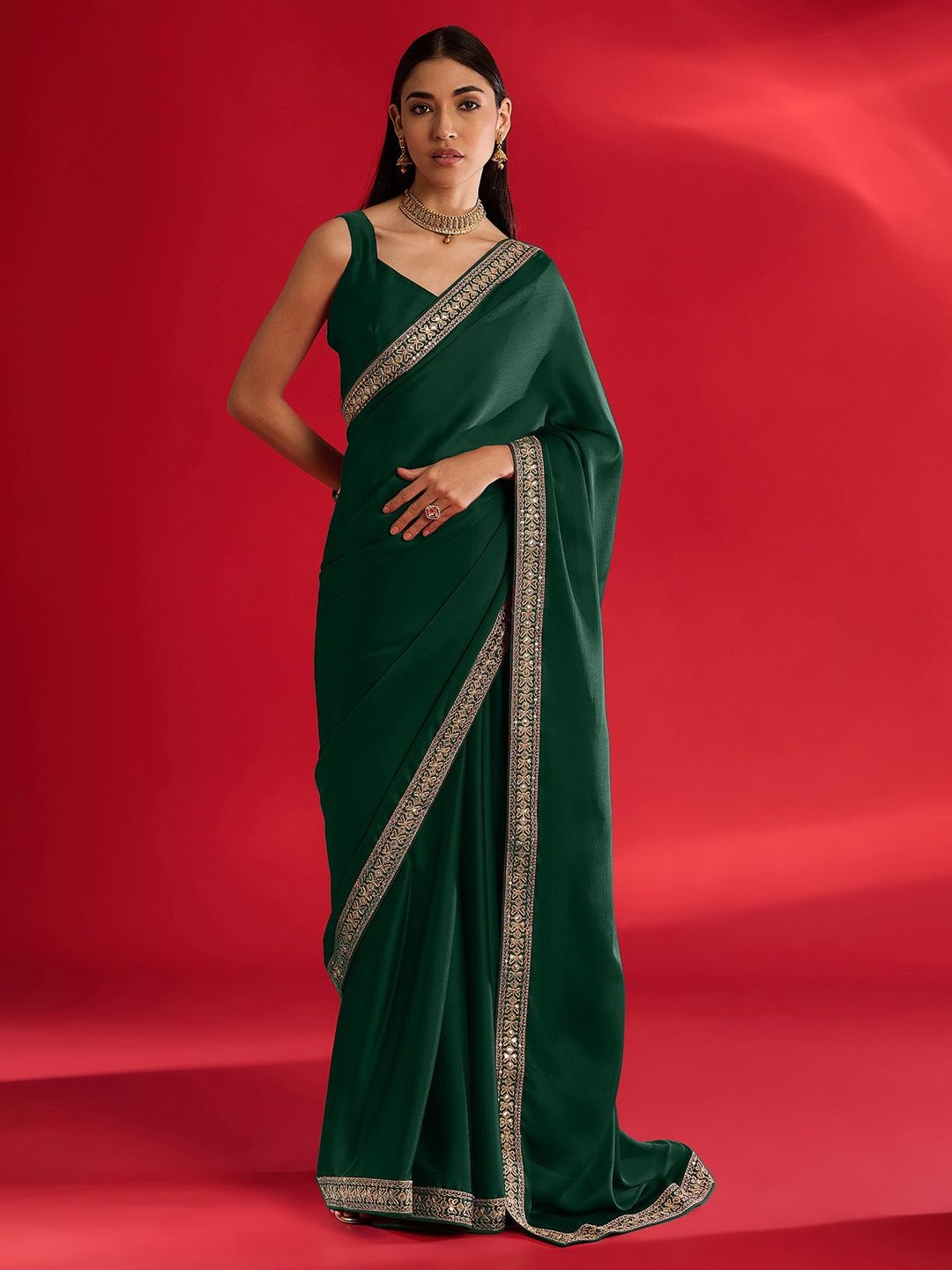 

Mitera Embroidered Satin Saree, Green