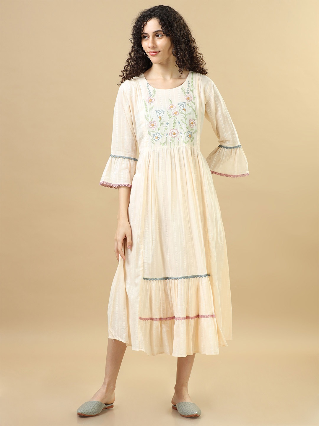 

Hassu's Bell Sleeve A-Line Midi Dress, Cream