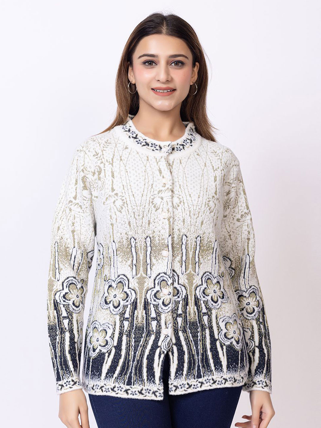 

Lady Leaf Women Floral Woollen Cardigan, White