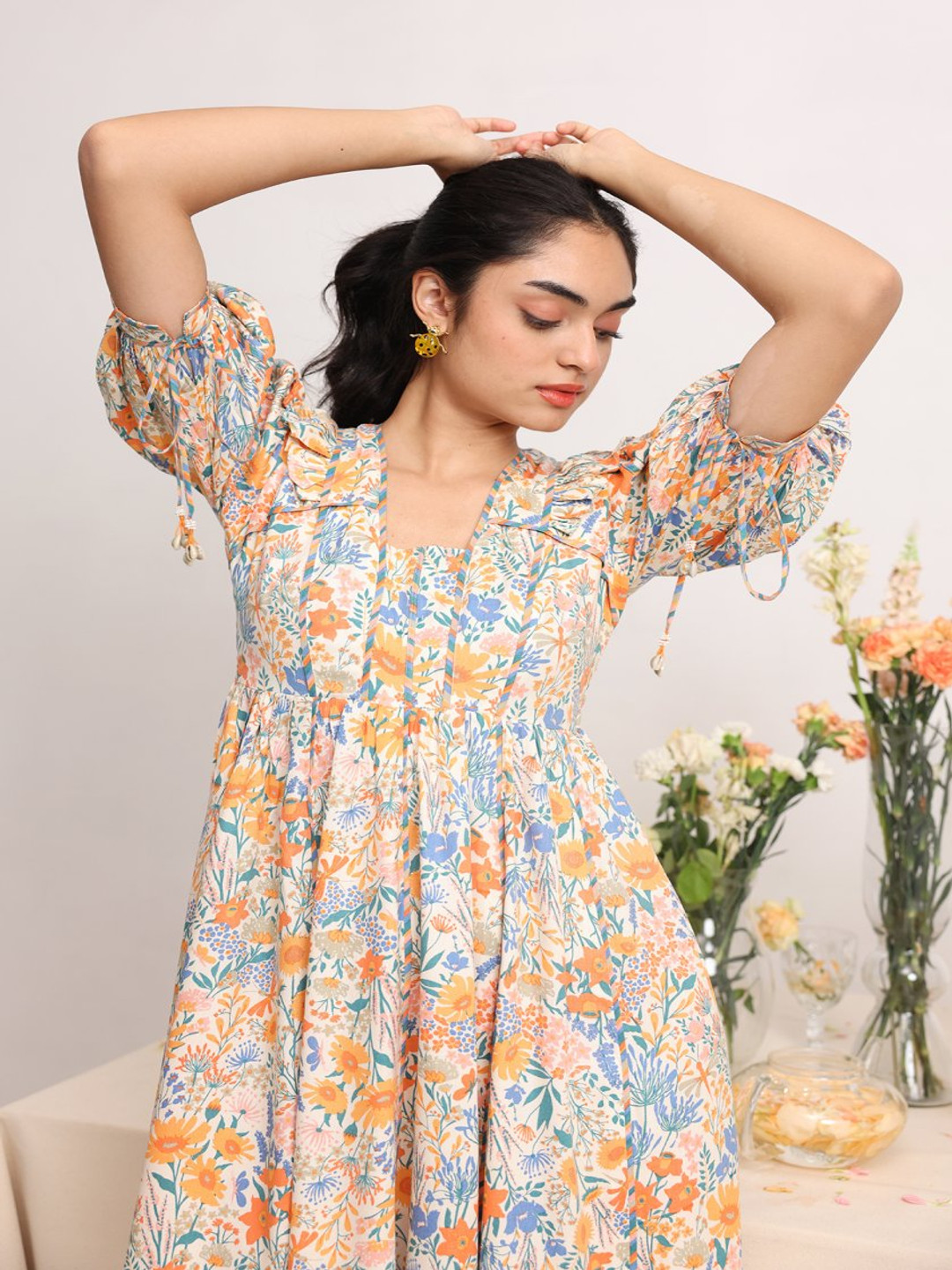 

Baise Gaba Floral Printed Satin A-Line Midi Dress, Off white
