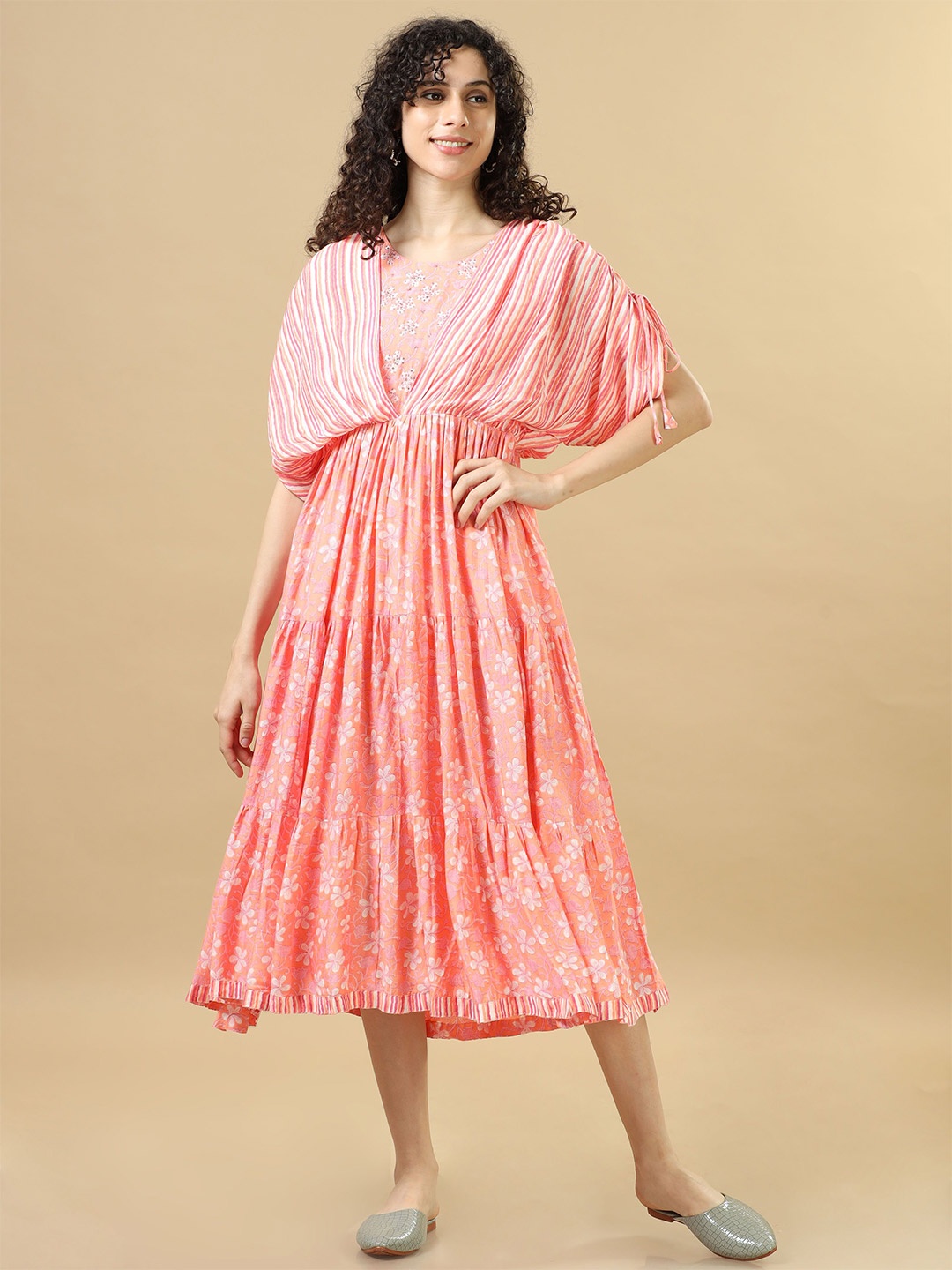 

Hassu's Ethnic Motifs Print Kimono Sleeve A-Line Midi Dress, Pink
