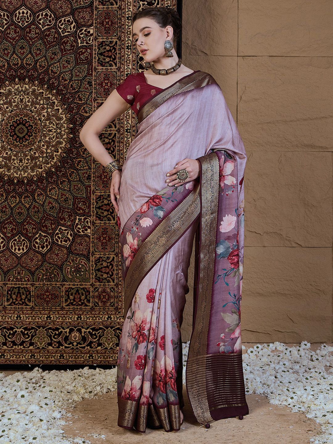 

Anouk Floral Zari Silk Blend Sungudi Saree, Mauve