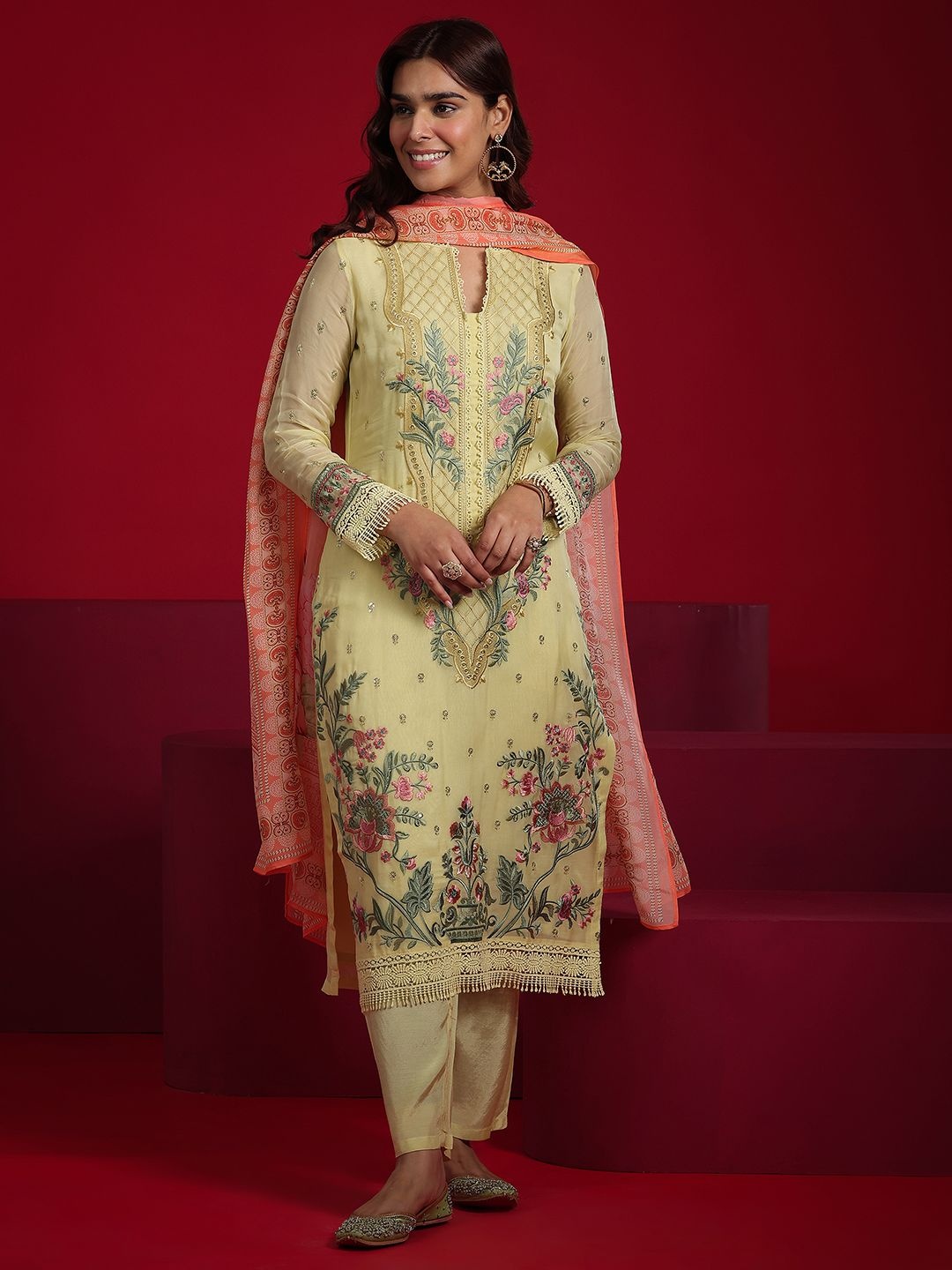 

Libas Art Floral Embroidered Sequinned Organza Straight Kurta with Trousers & Dupatta, Green