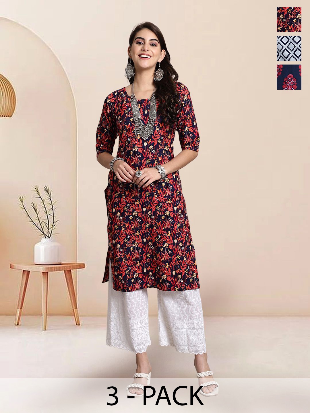 

7Threads Selection Of 3 Floral Printed Round Neck Straight Kurtas, Black