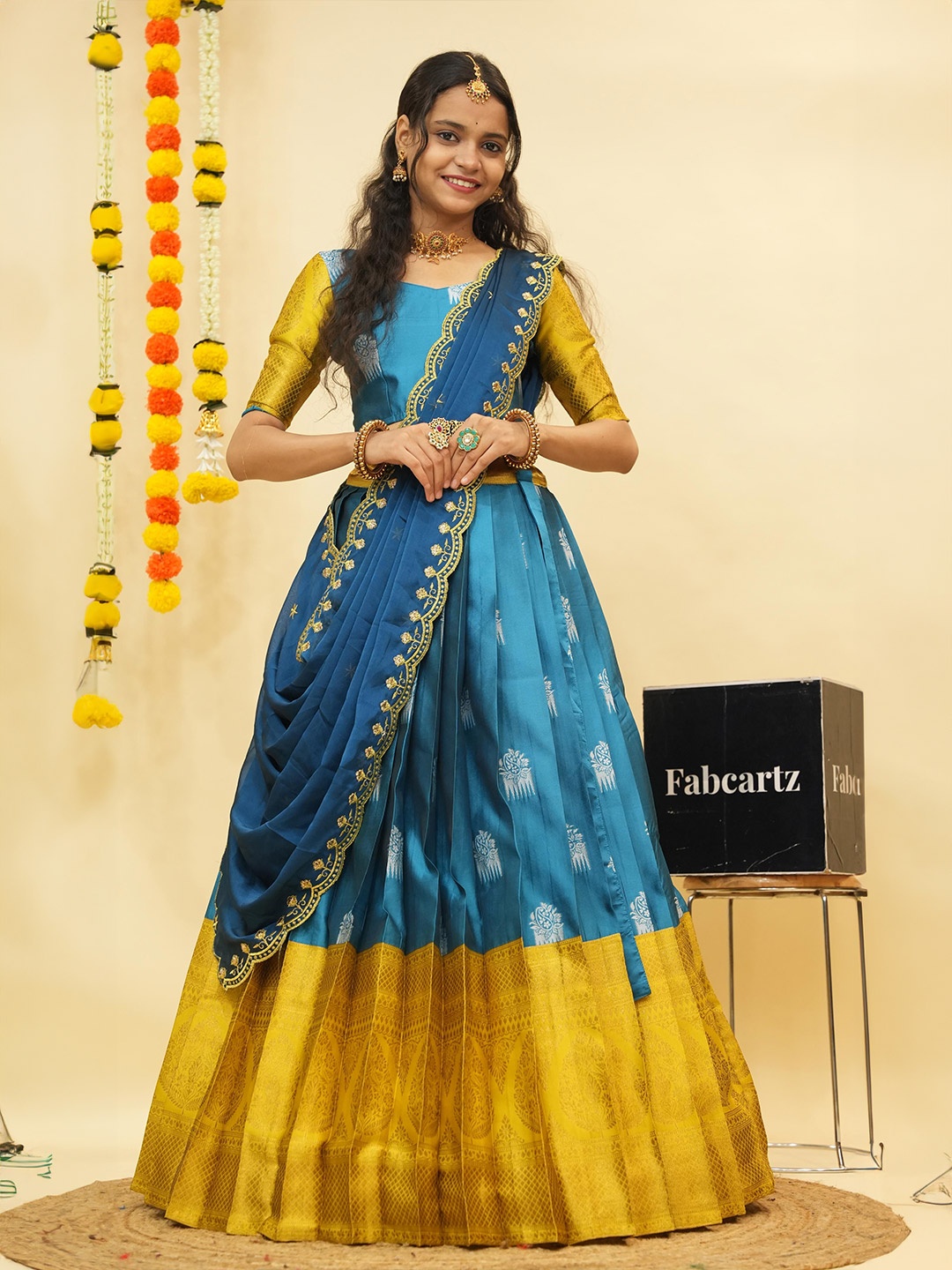 

Fabcartz Floral Woven Design Zari Semi-Stitched Lehenga & Unstitched Blouse With Dupatta, Blue