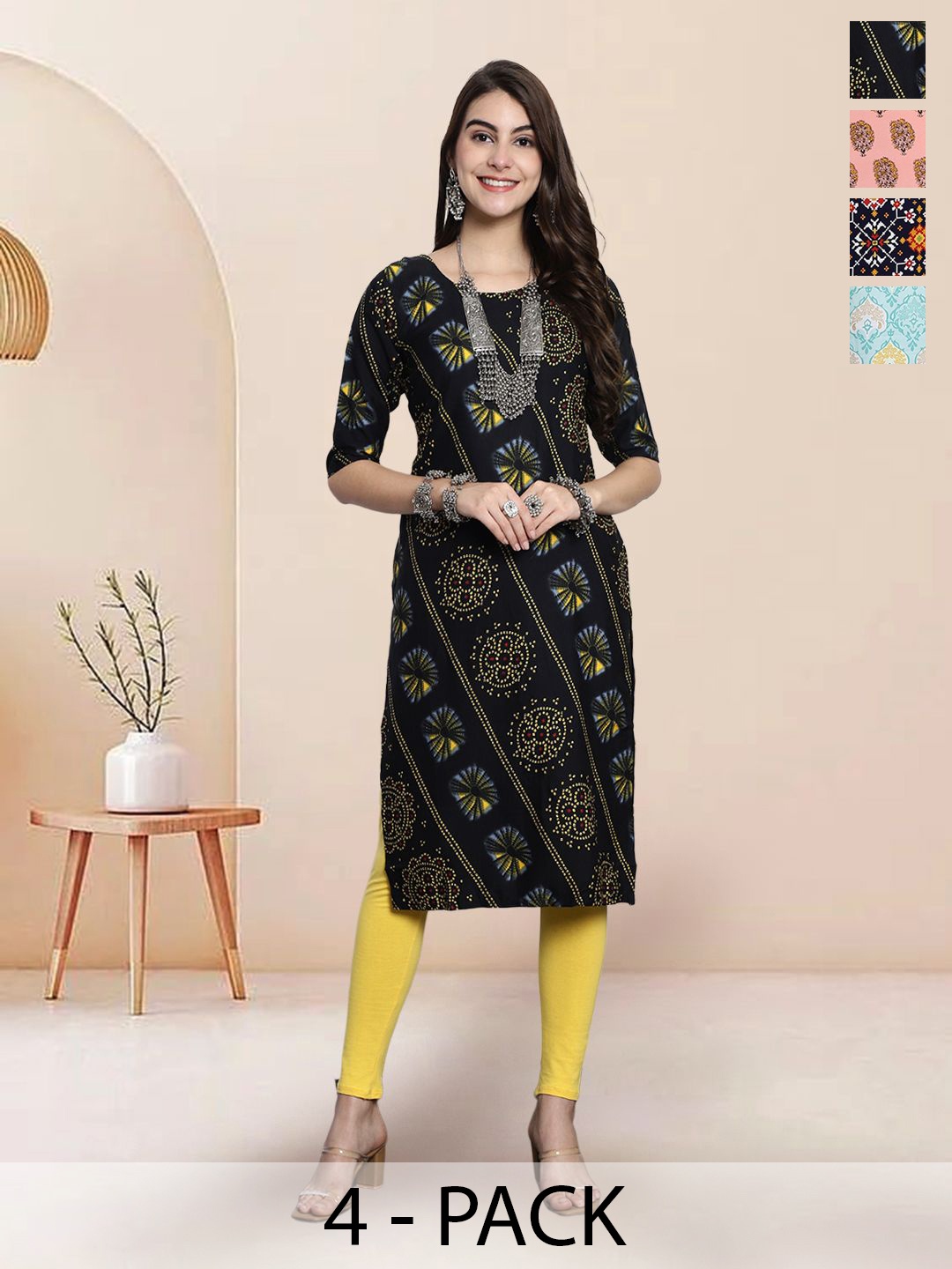 

7Threads Selection Of 4 Ethnic Motifs Printed Round Neck Straight Kurtas, Black