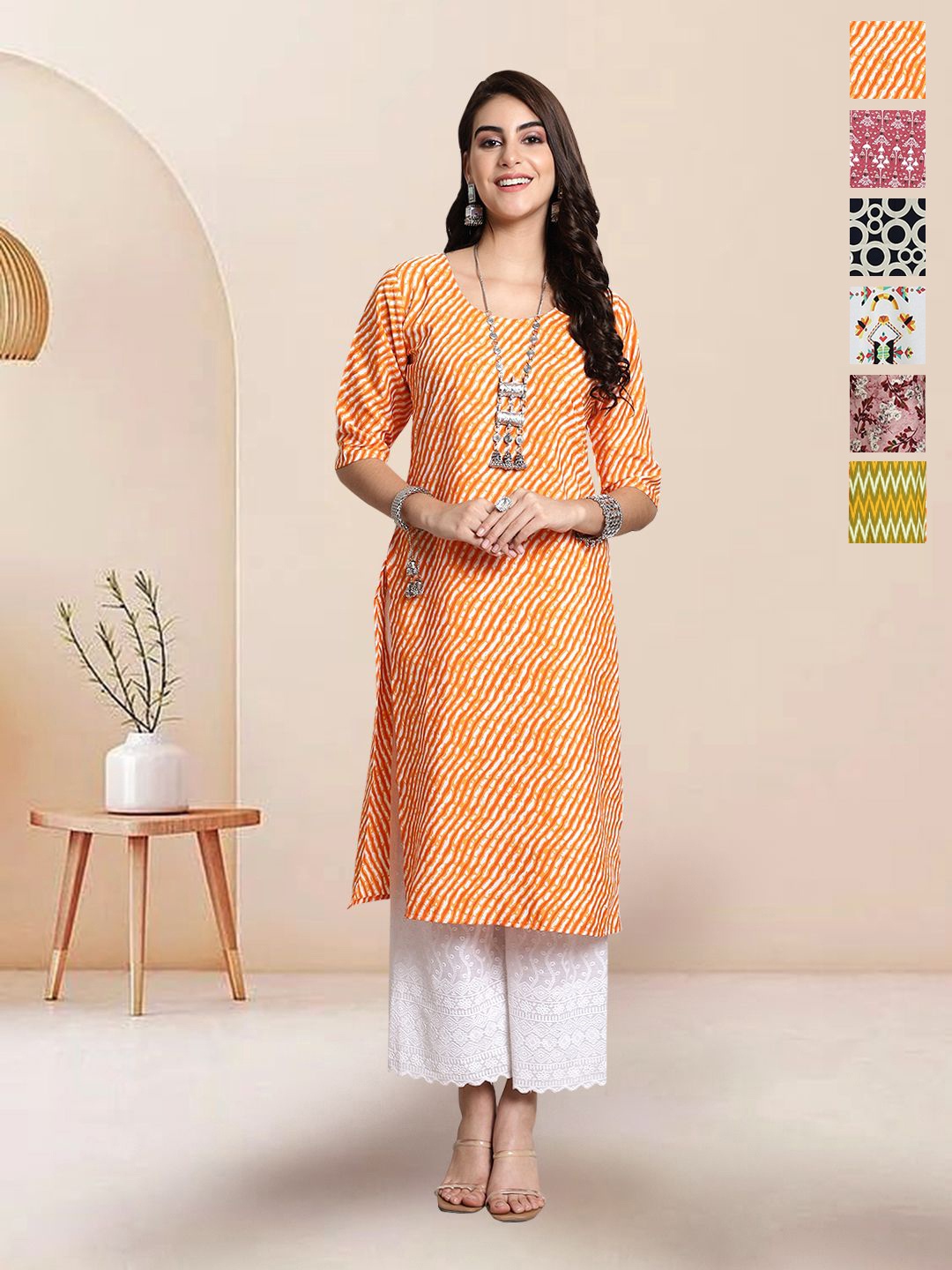

7Threads Selection of 6 Leheriya Printed Round Neck Straight Kurtas, Orange