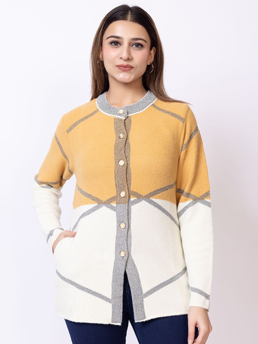 

Lady Leaf Women Embroidered Woollen Cardigan, Yellow