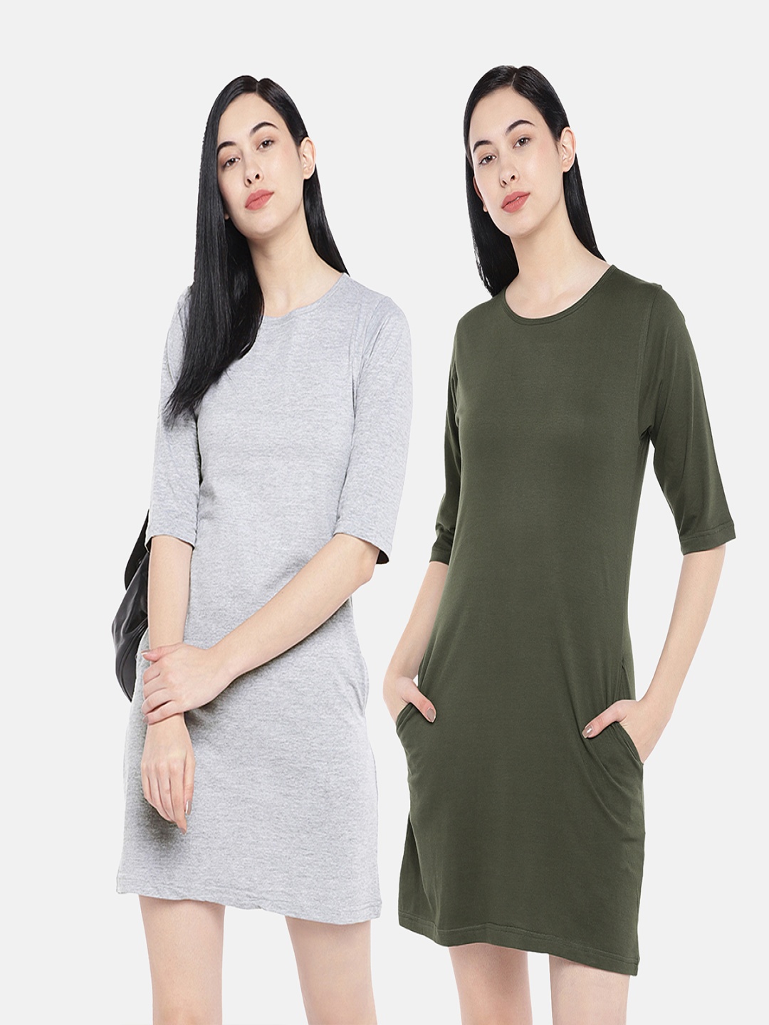 

STATUS MANTRA Pack of 2 Round Neck Pure Cotton T-shirt Dresses, Grey