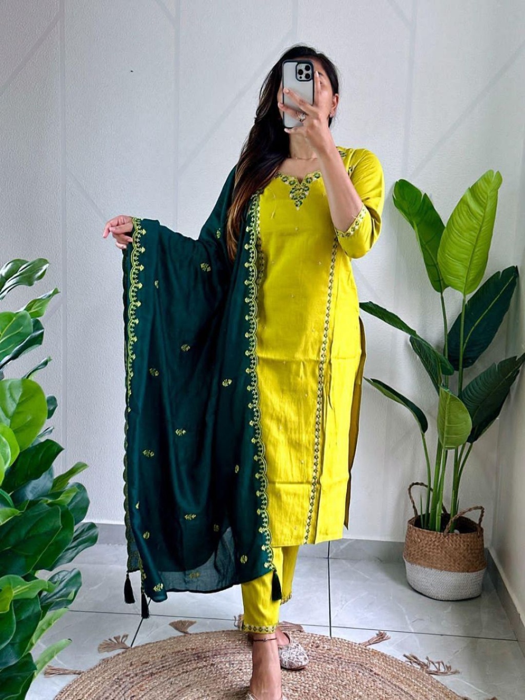 

XAYCRA CREATION Floral Embroidered Pure Silk Straight Kurta With Trousers & Dupatta, Yellow