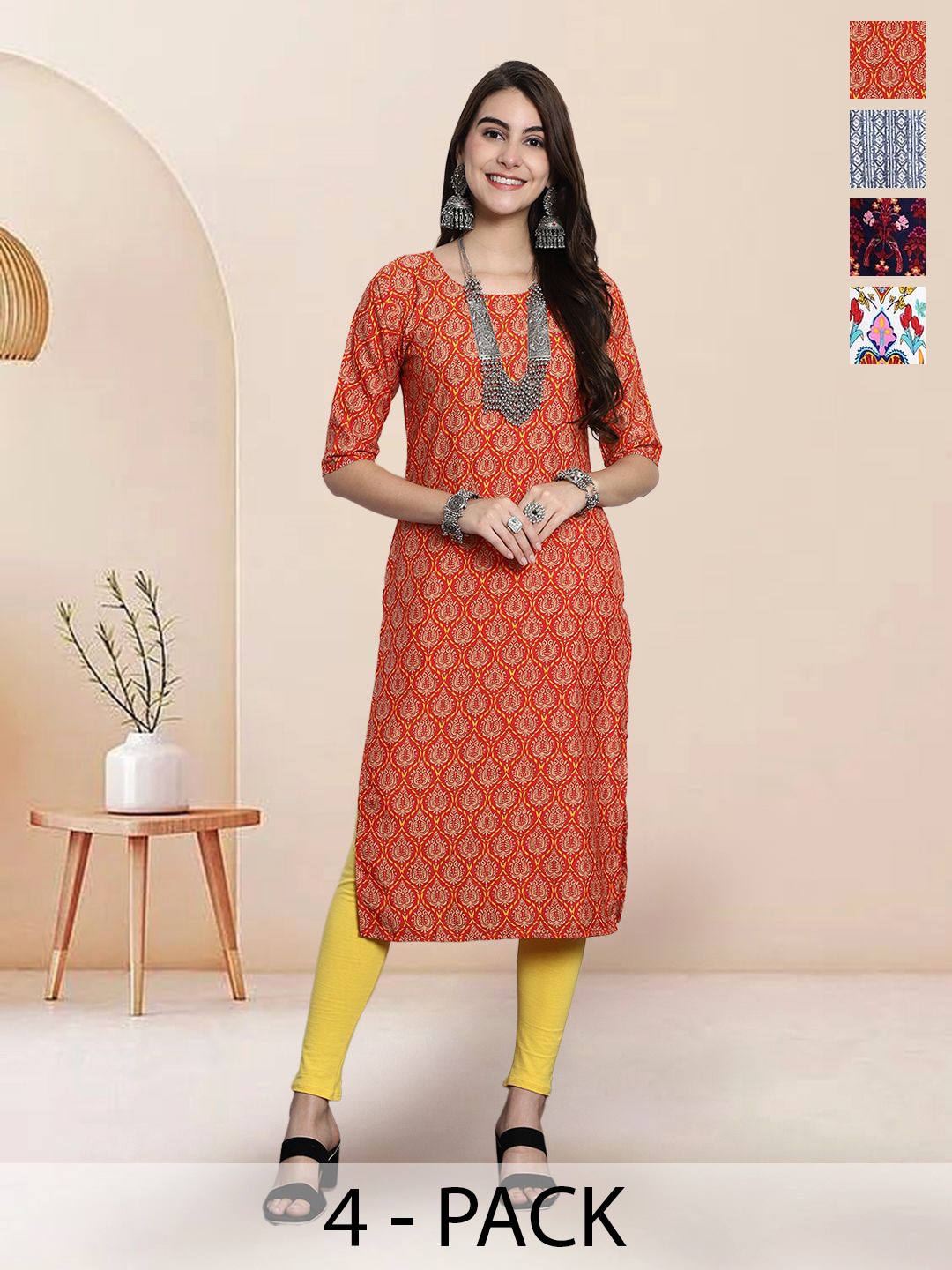 

7Threads Selection Of 4 Ethnic Motifs Printed Round Neck Straight Kurtas, Red