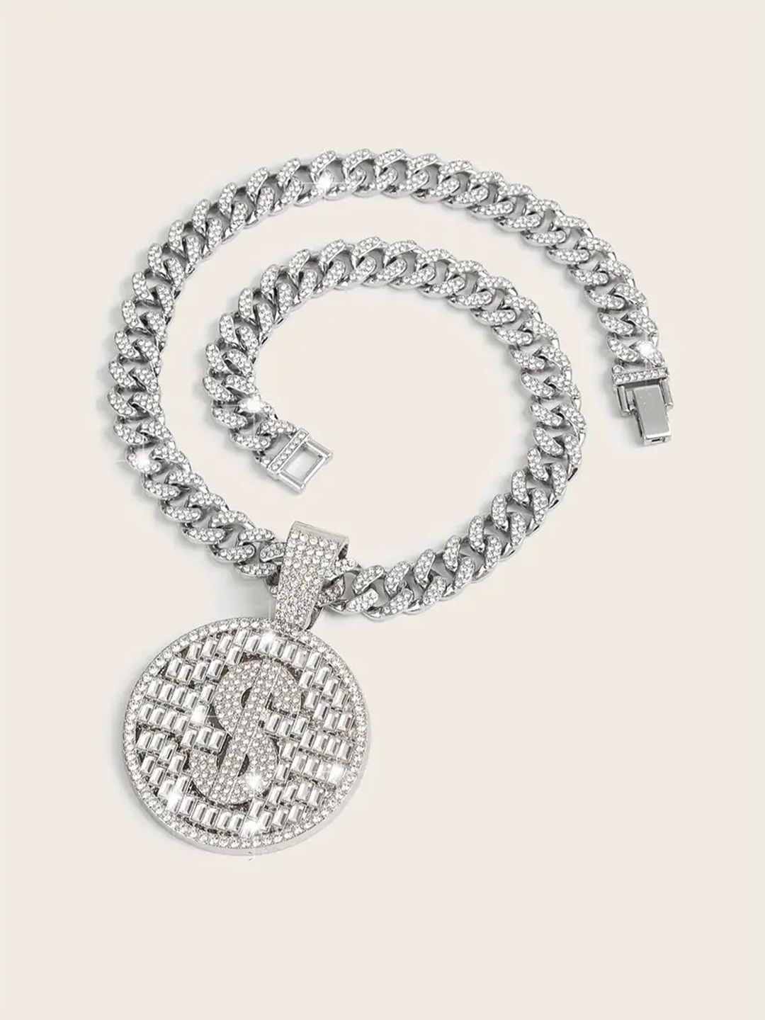 

VAGHBHATT Men Sterling Silver-Plated Cubic Zirconia-Studded Bling Dollar Pendant & Chain