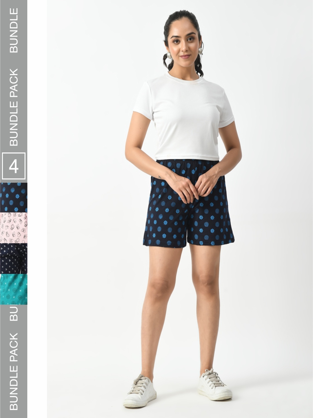 

BAESD Women Pack of 4 Printed High Rise Pure Cotton Shorts, Navy blue