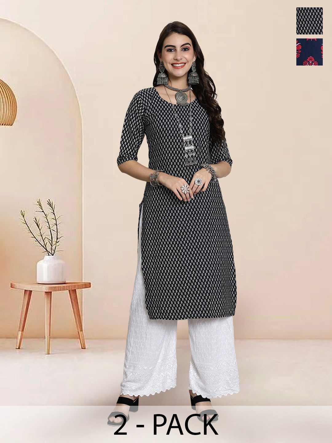 

7Threads Selection Of 2 Floral Printed Round Neck Straight Kurtas, Black