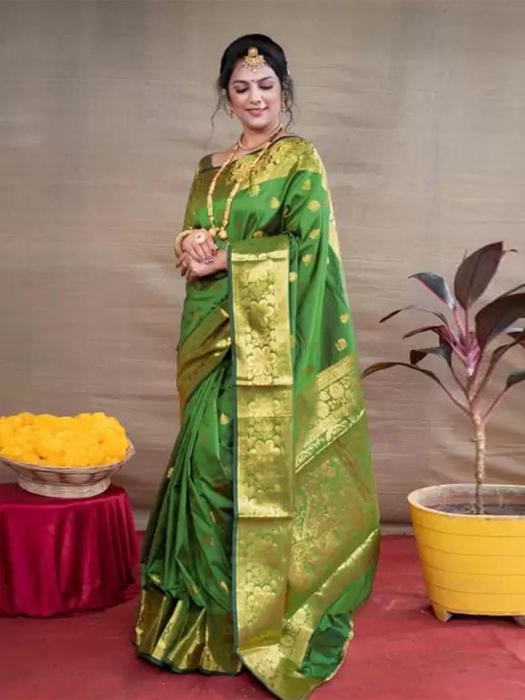 

KALINI Woven Design Zari Pure Silk Kanjeevaram Saree, Green