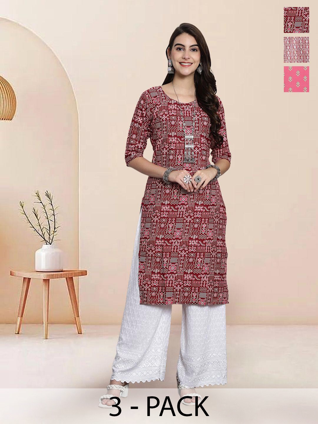 

7Threads Selection Of 4 Ethnic Motifs Printed Straight Kurtas, Maroon