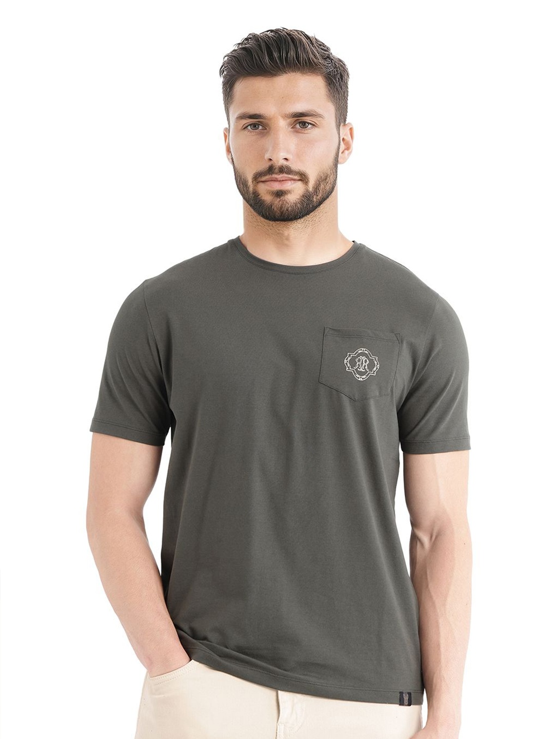 

RARE RABBIT Men Solid Round Neck Cotton T-shirt, Green