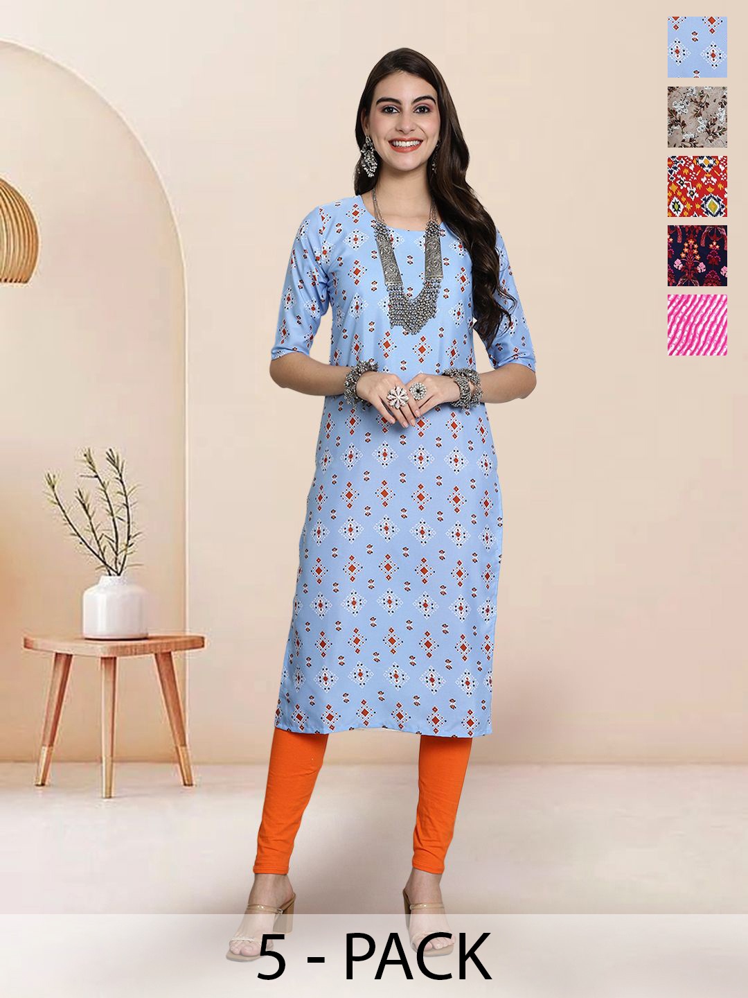 

7Threads Selection of 5 Geometric Printed Round Neck Straight Kurtas, Blue