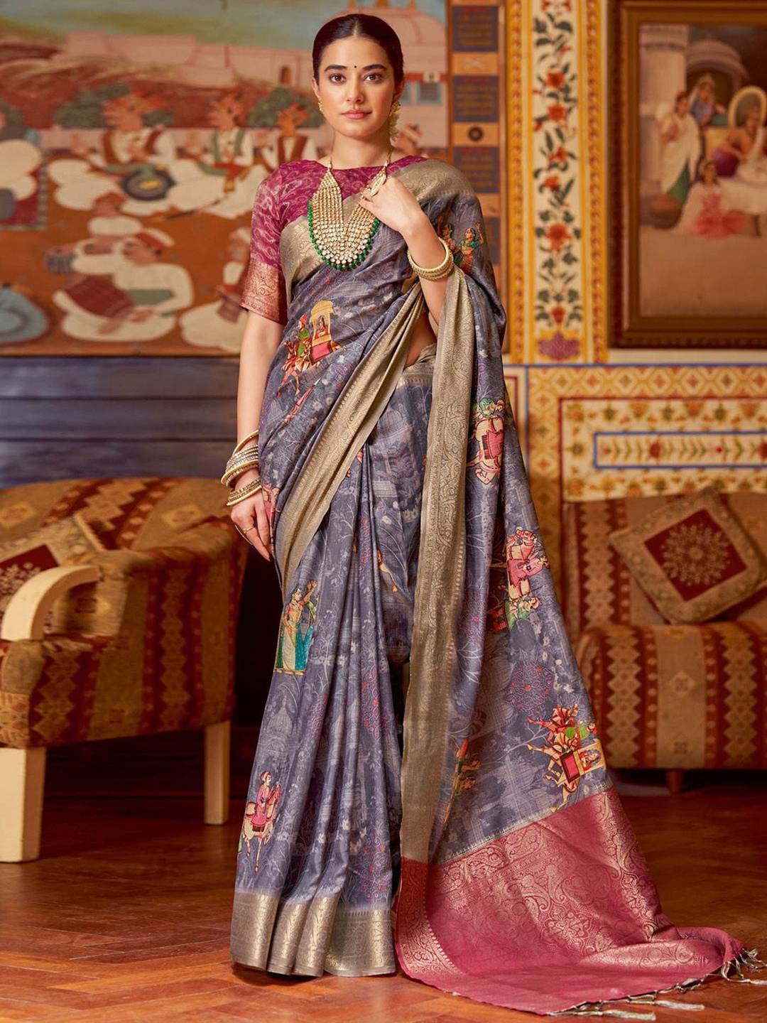 

Mitera Kalamkari Zari Designer Sungudi Saree, Violet