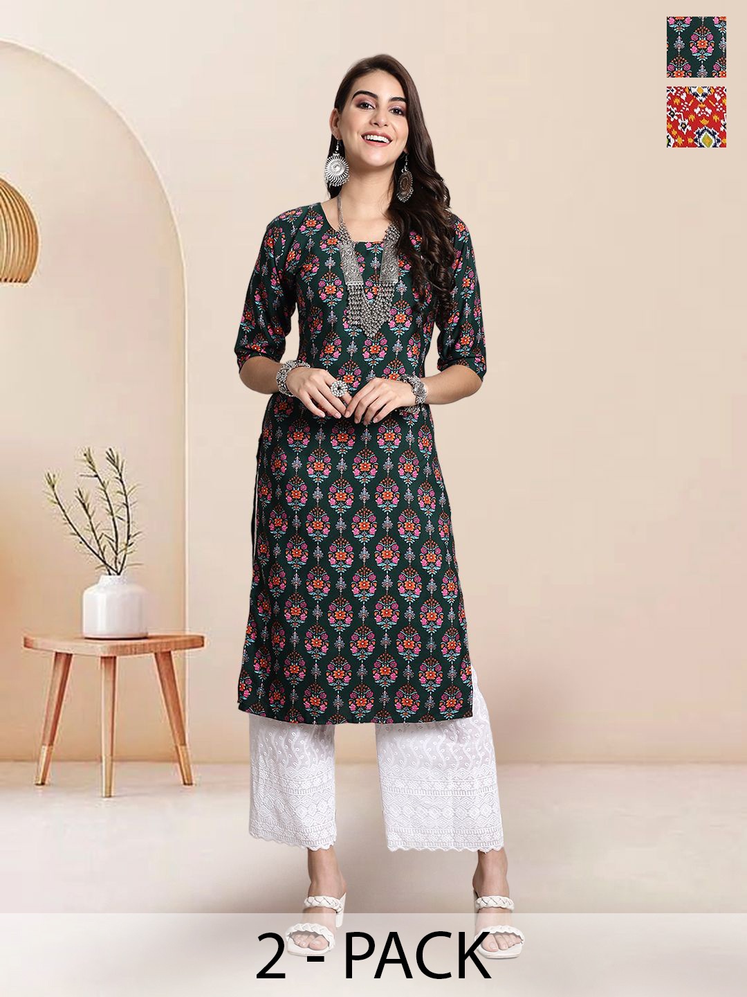 

7Threads Selection Of 2 Ethnic Motifs Printed Round Neck Kurtas, Green