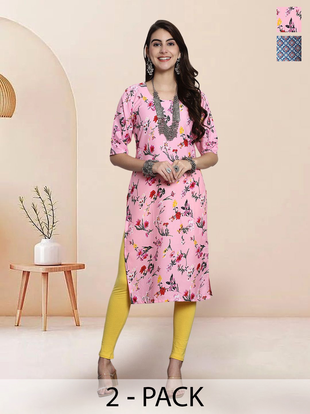 

7Threads Selection Of 2 Floral Printed Round Neck Straight Kurtas, Pink