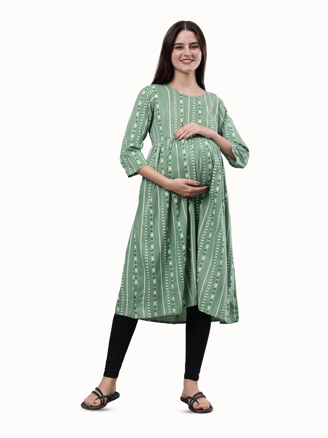 

CEE-18 ao Geometric Printed Pleated A-Line Maternity Kurta, Green