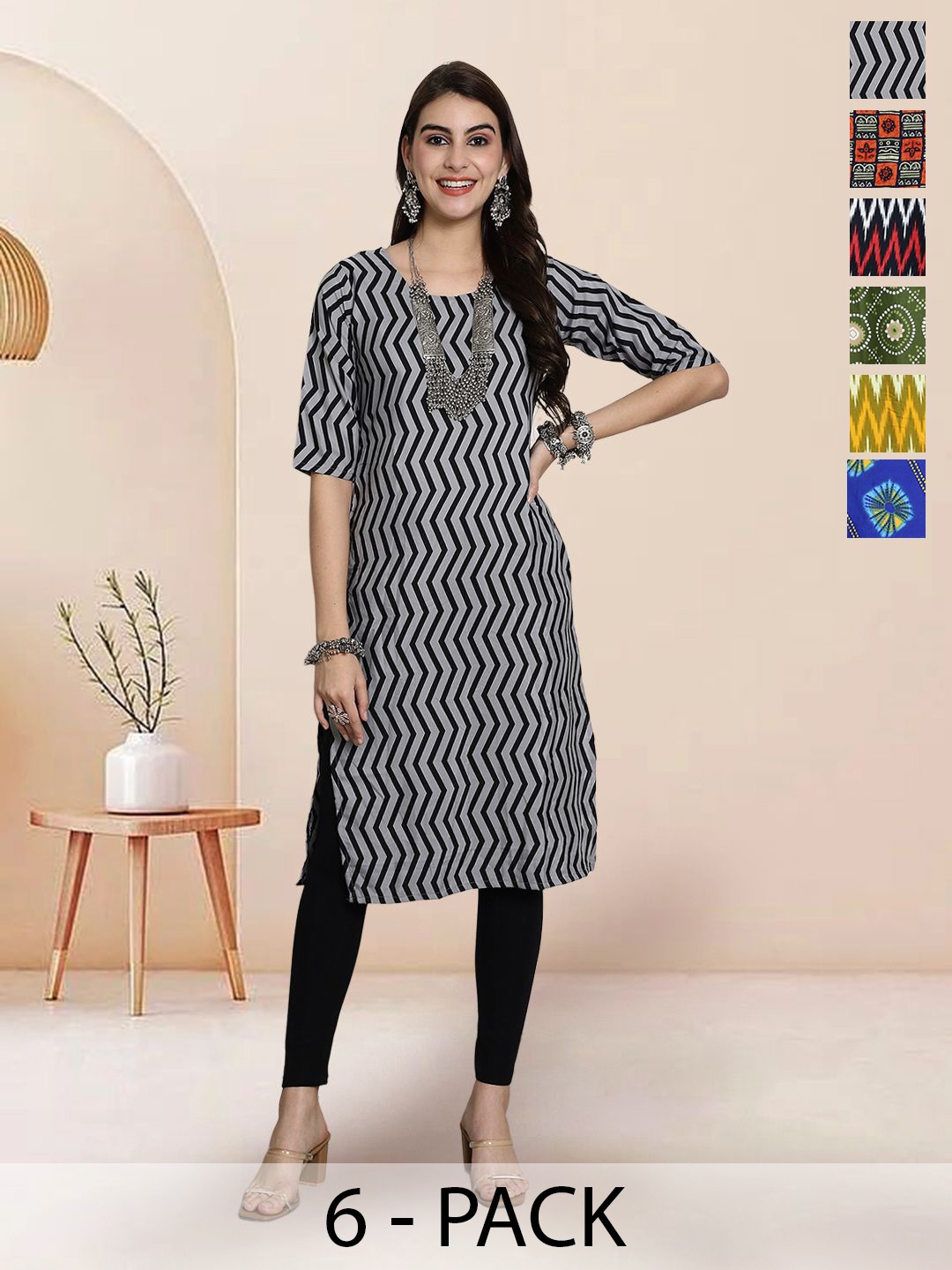 

7Threads Selection Of 6 Chevron Printed Round Neck Straight Kurtas, Black