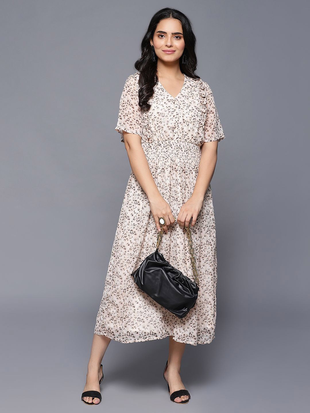 

Hassu's Floral Print Flared Sleeve Fit & Flare Midi Dress, Peach