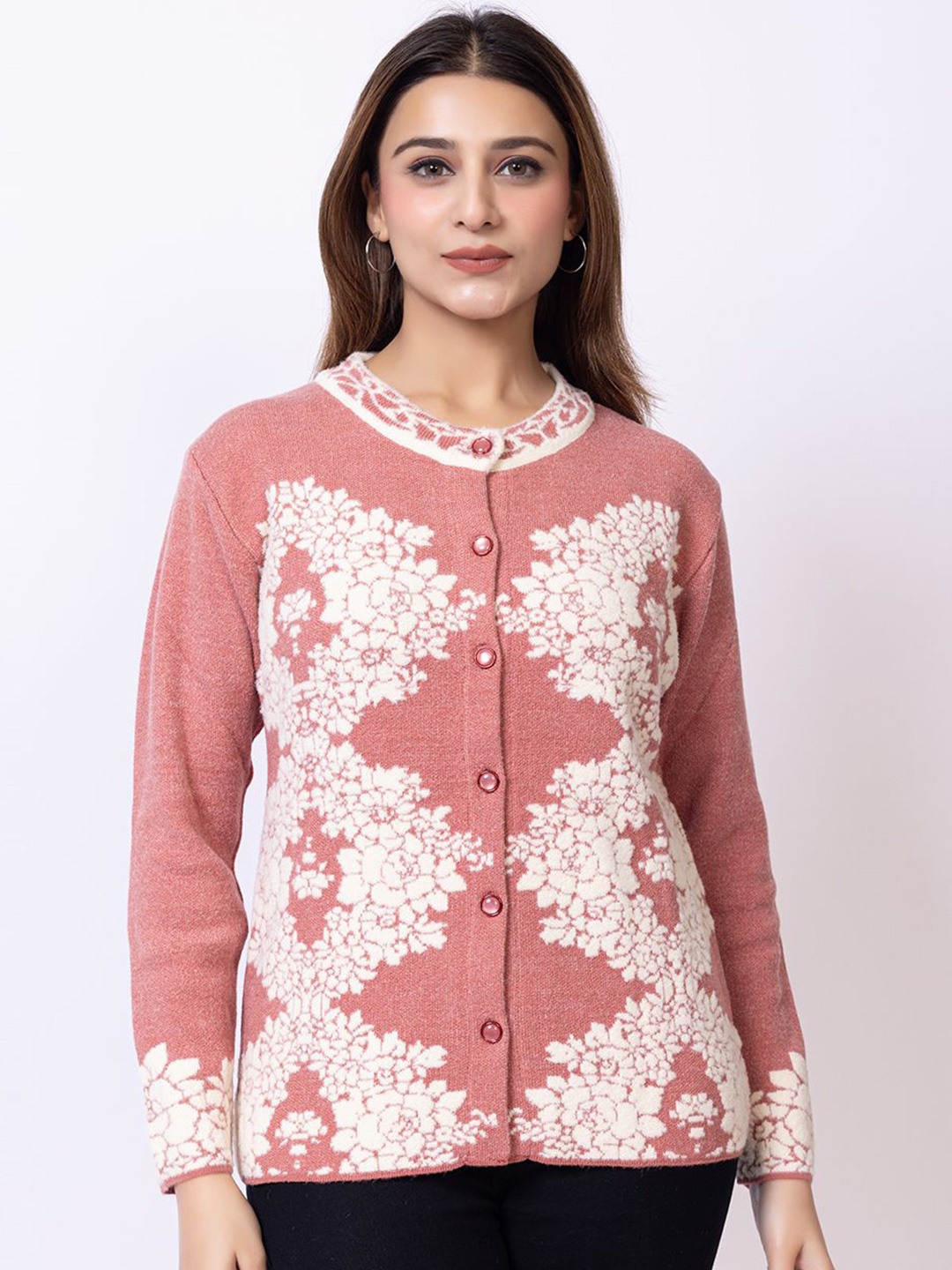 

Lady Leaf Women Floral Woollen Cardigan, Pink