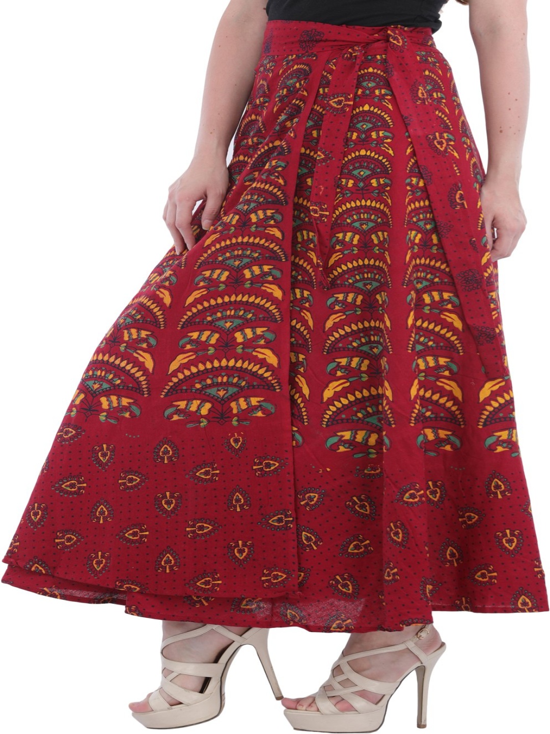 

Exotic India Printed Pure Cotton Wrap Maxi Skirts, Red