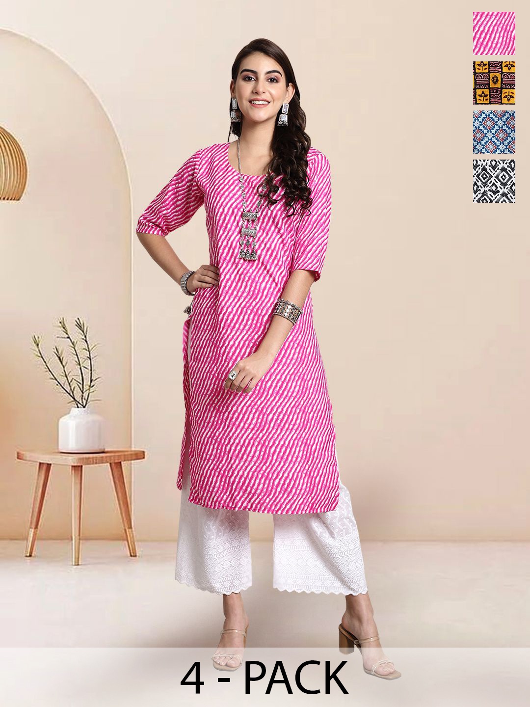 

7Threads Selection Of 4 Leheriya Printed Round Neck Kurtas, Pink