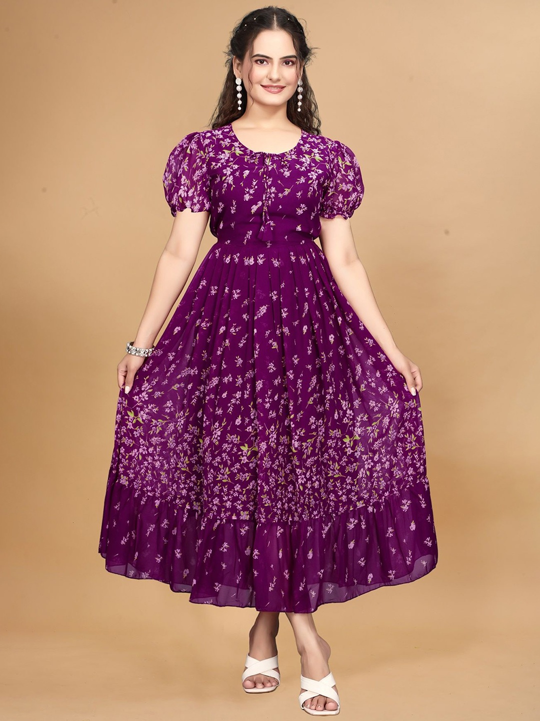 

QENA Floral Print Tie-Up Neck Puff Sleeve Georgette Maxi Midi Dress, Purple