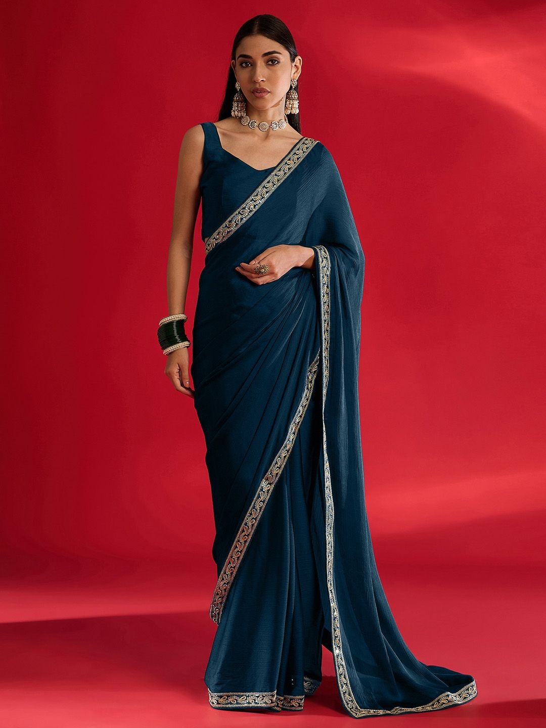 

Mitera Embroidered Satin Saree, Blue