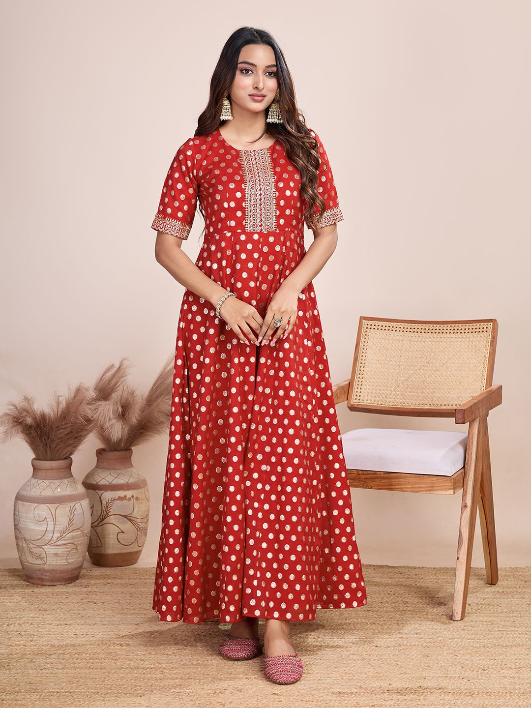 

Tasarika Printed Round Neck Short Sleeves Maxi Ethnic Dress, Red