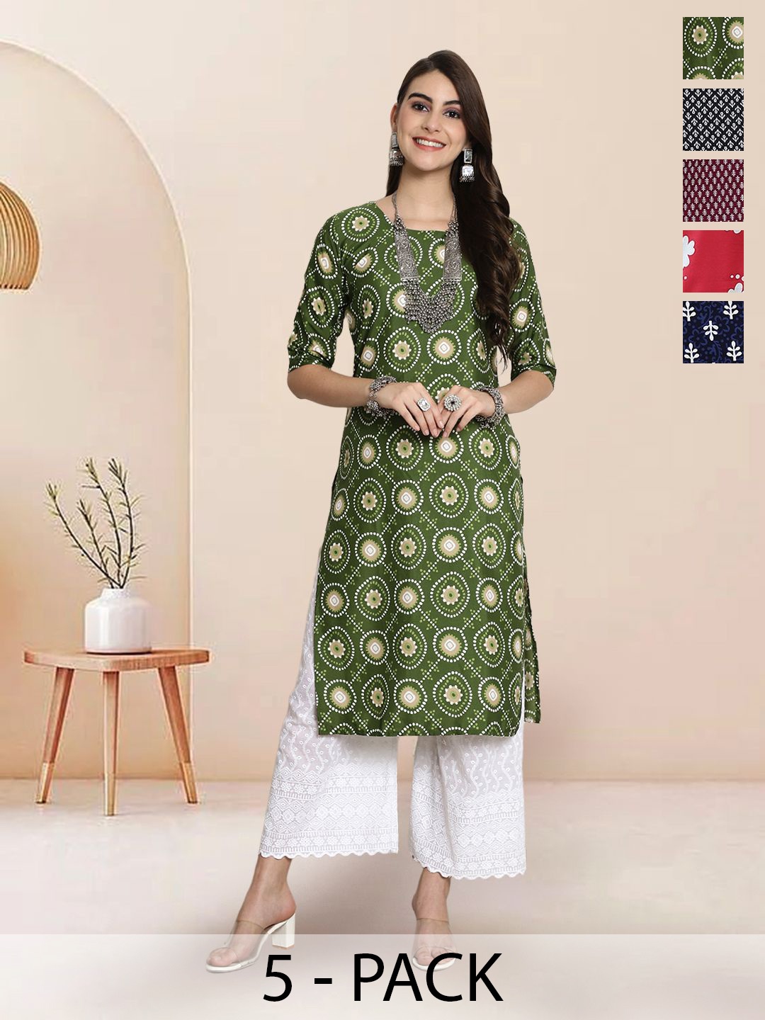 

7Threads Selection Of 5 Geometric Printed Straight Kurtas, Green
