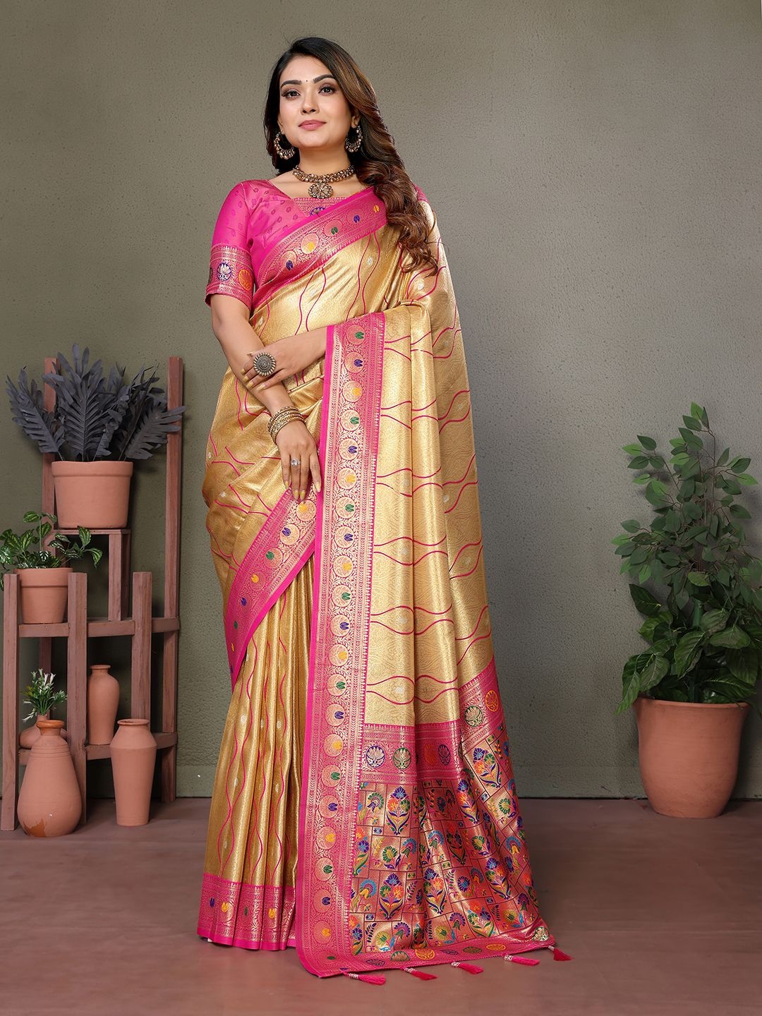 

Mitera Woven Design Zari Silk Blend Banarasi Saree, Beige