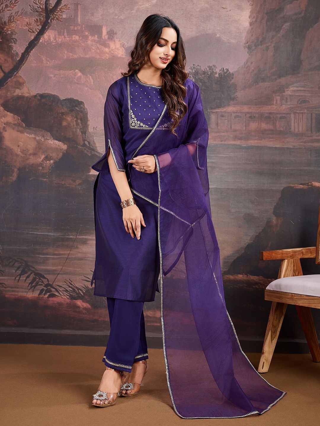 

House of Pataudi Floral Embroidered Sequinned Chanderi Cotton Kurta With Trouser & Dupatta, Purple