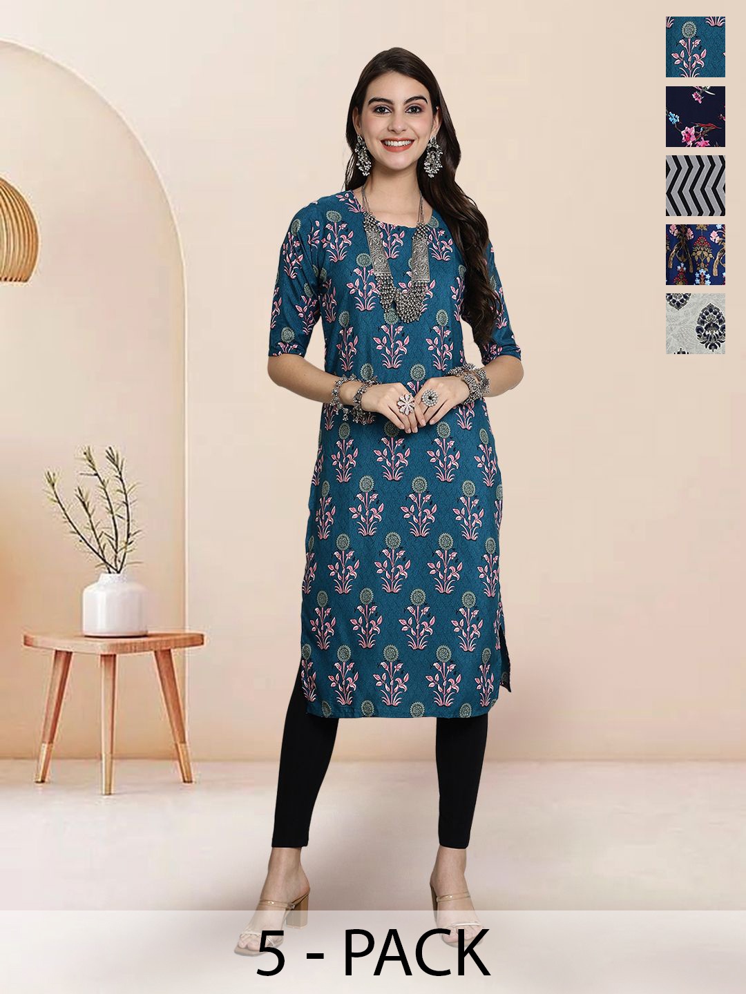 

7Threads Selection of 5 Floral Printed Round Neck Straight Kurtas, Blue