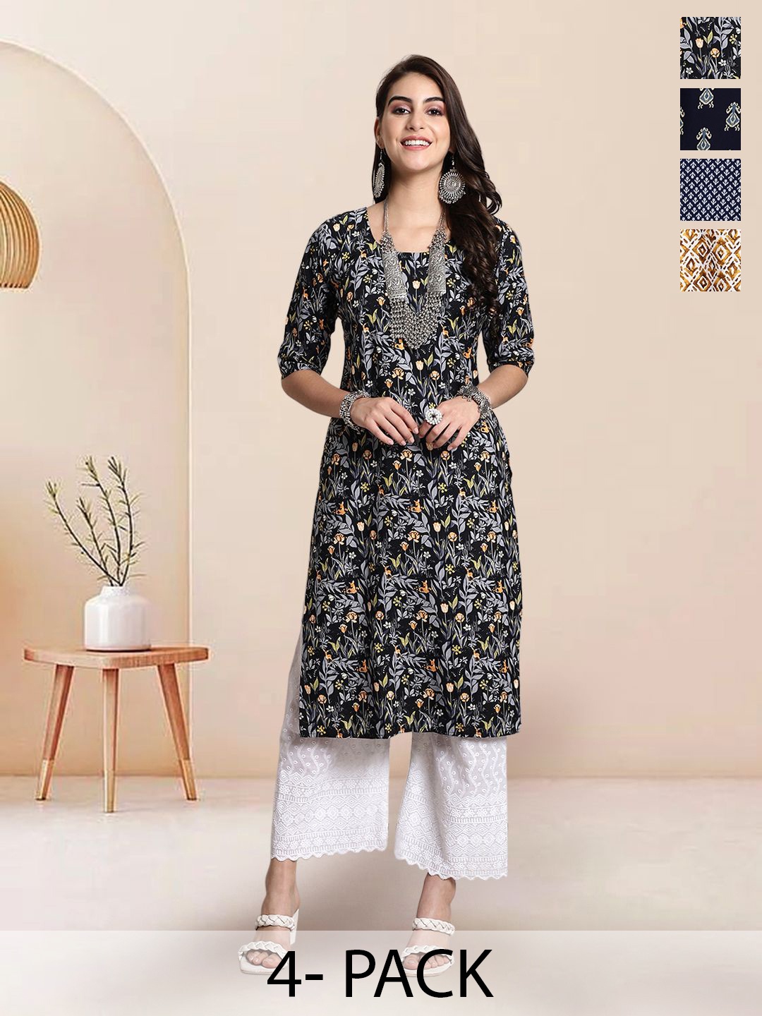 

7Threads Selection Of 2 Floral Printed Round Neck Straight Kurta, Black