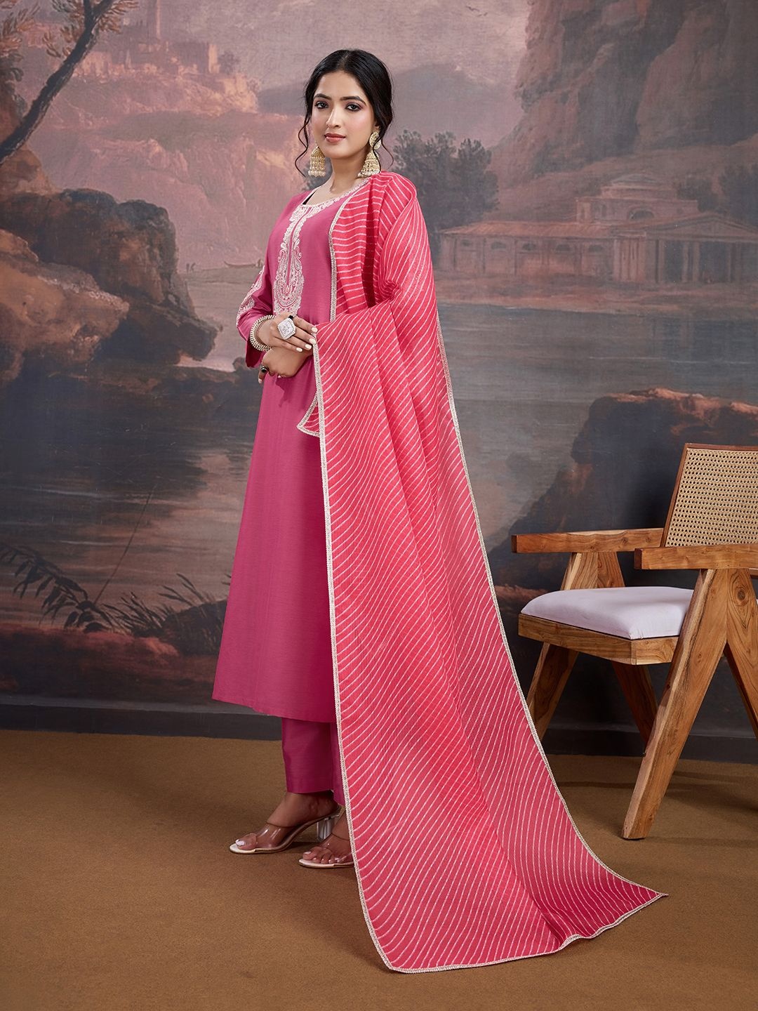 

House of Pataudi Embroidered Round Neck Kurta & Trouser With Dupatta, Pink