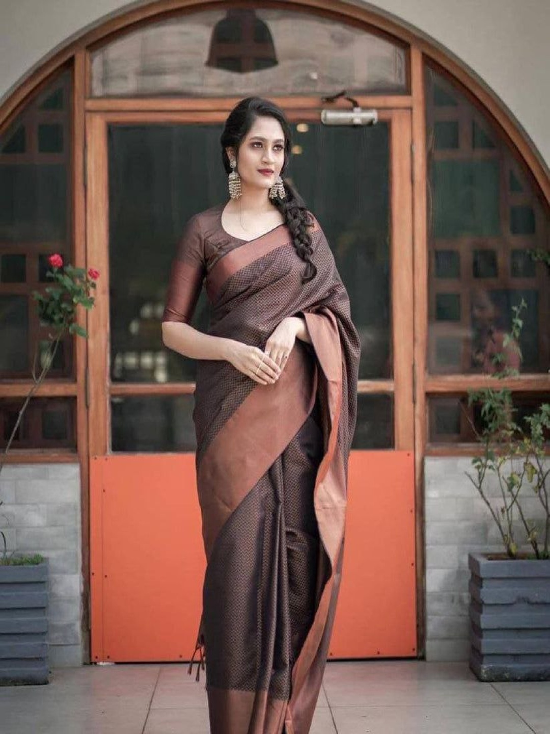 

KALINI Woven Design Zari Pure Silk Banarasi Saree, Brown