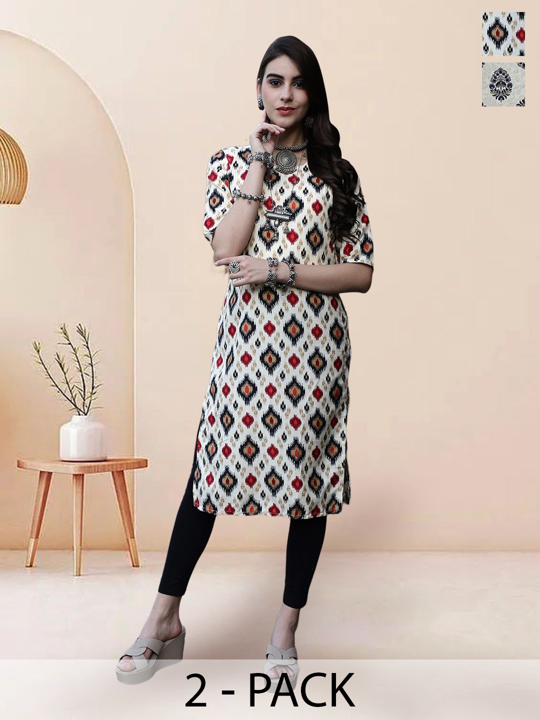

7Threads Selection Of 2 Geometric Printed Round Neck Straight Kurtas, White